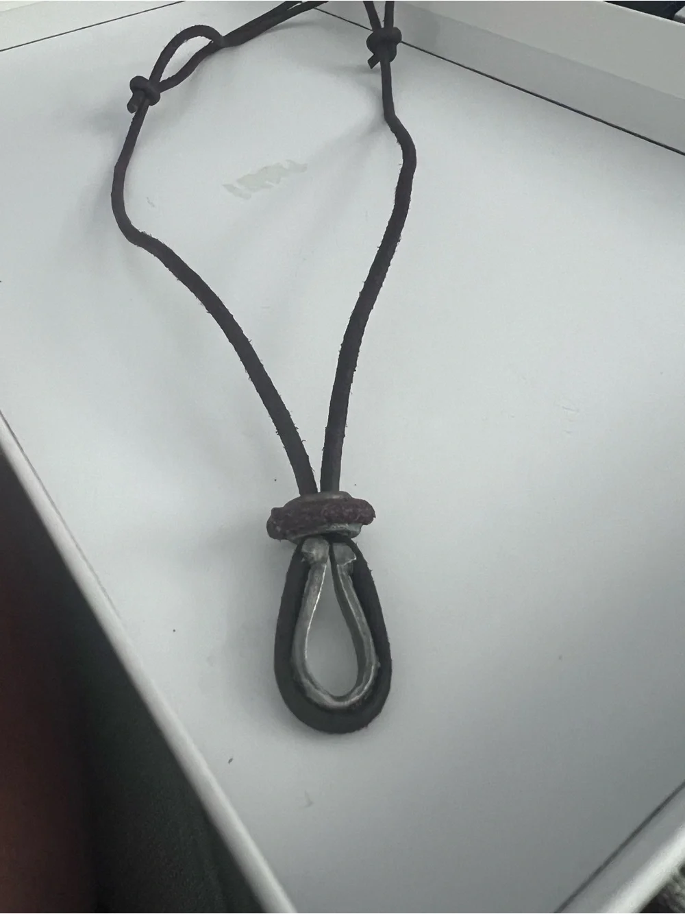 Vintage Boho Brown Leather Cord Necklace with Metal Teardrop Pendant